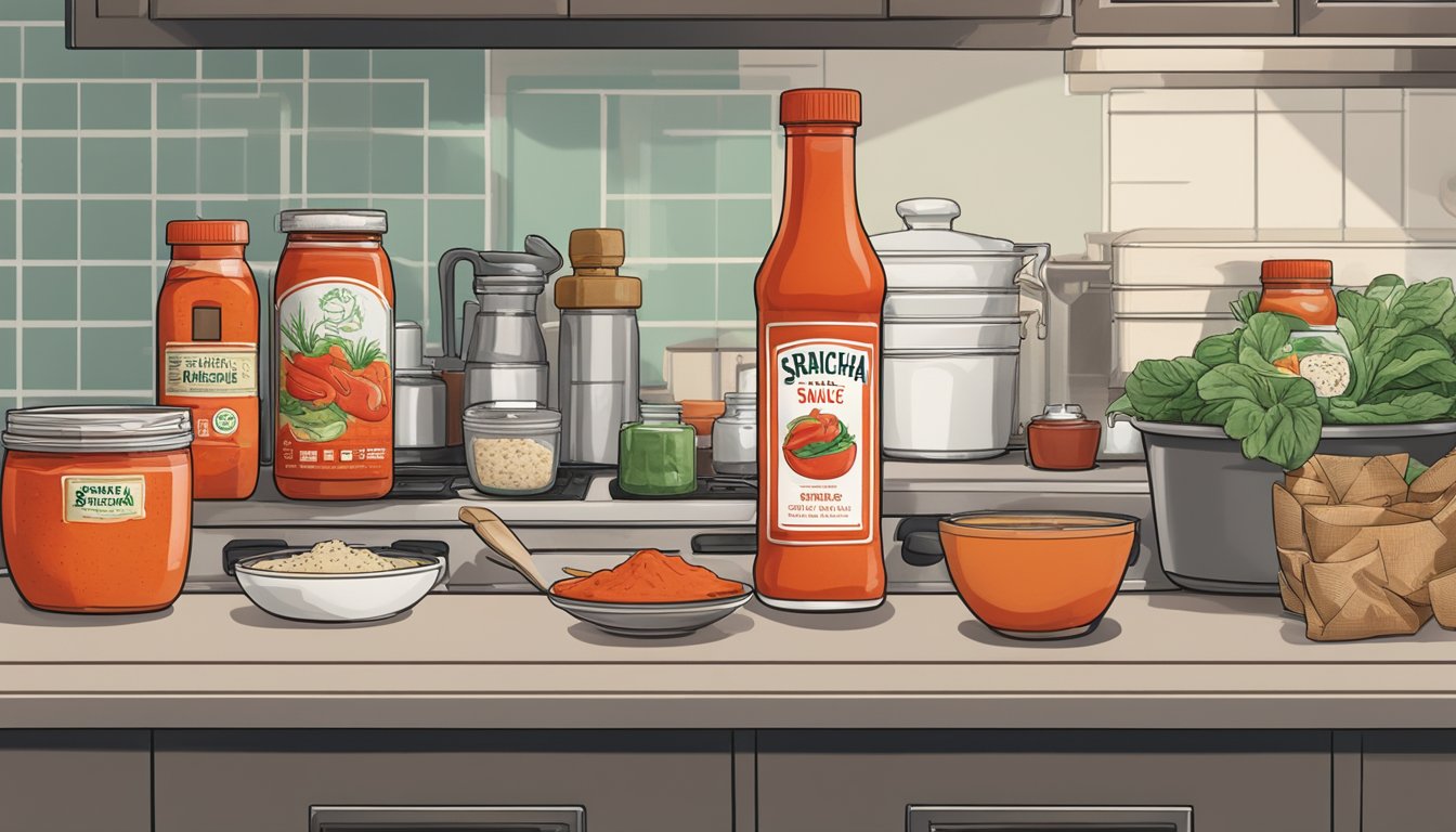 A bottle of sriracha sauce sits open on a kitchen counter, surrounded by various food items. The sauce has turned a darker color and there are visible signs of mold and spoilage