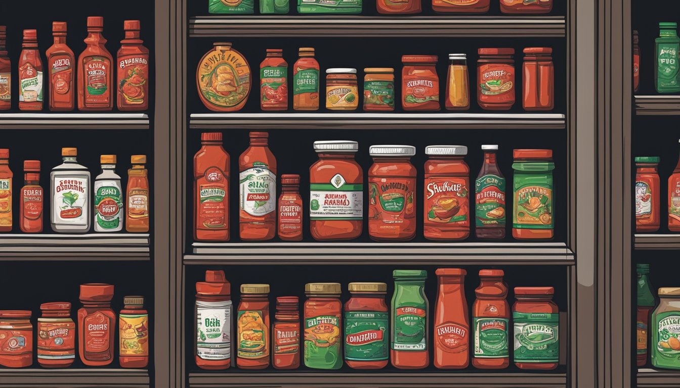 A bottle of sriracha sits on a shelf in a cool, dark pantry. It is tightly sealed and surrounded by other condiments, with a label indicating the purchase date