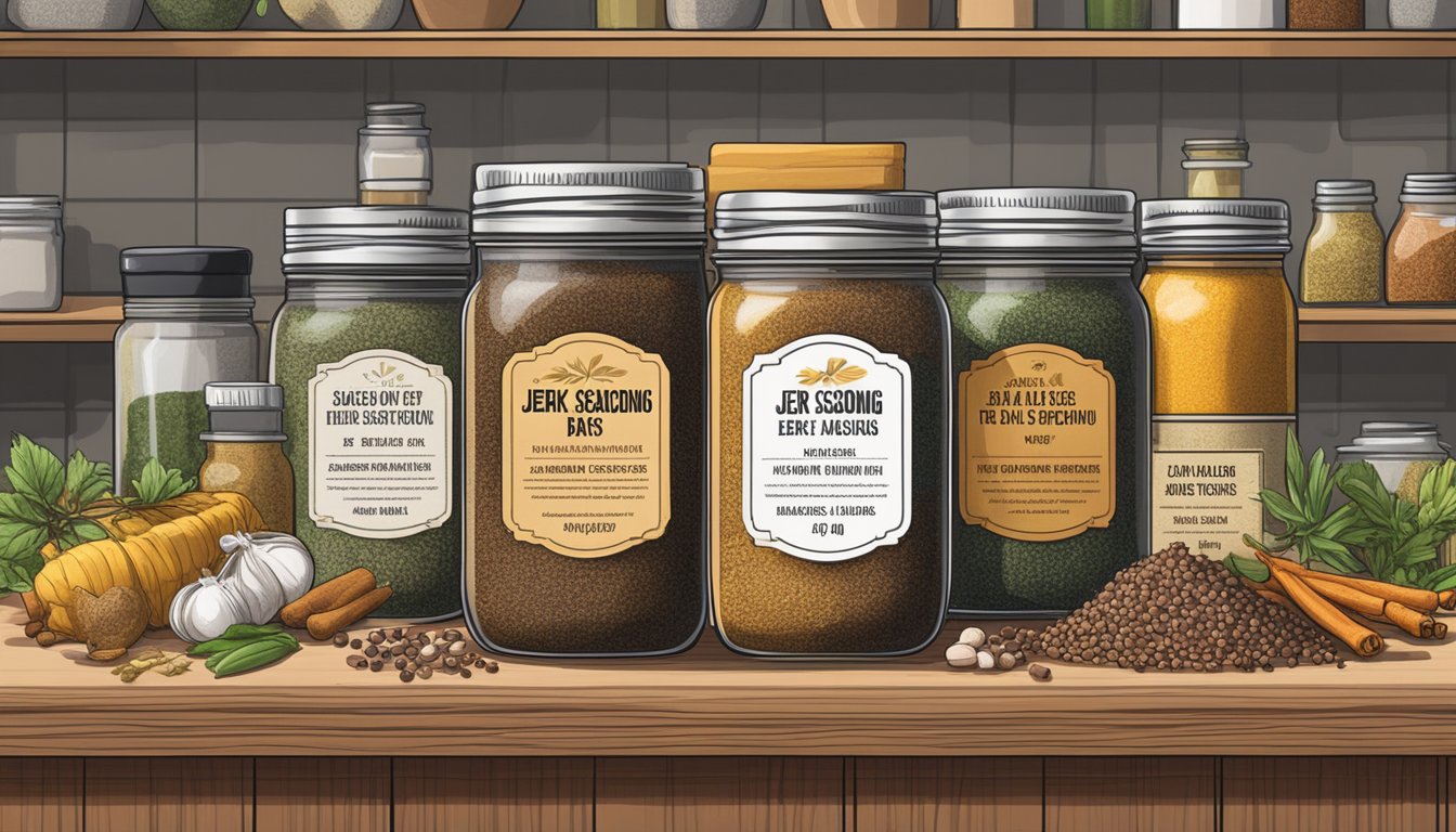 A jar of jerk seasoning sits on a kitchen shelf, surrounded by other spices. The label indicates key facts and storage tips