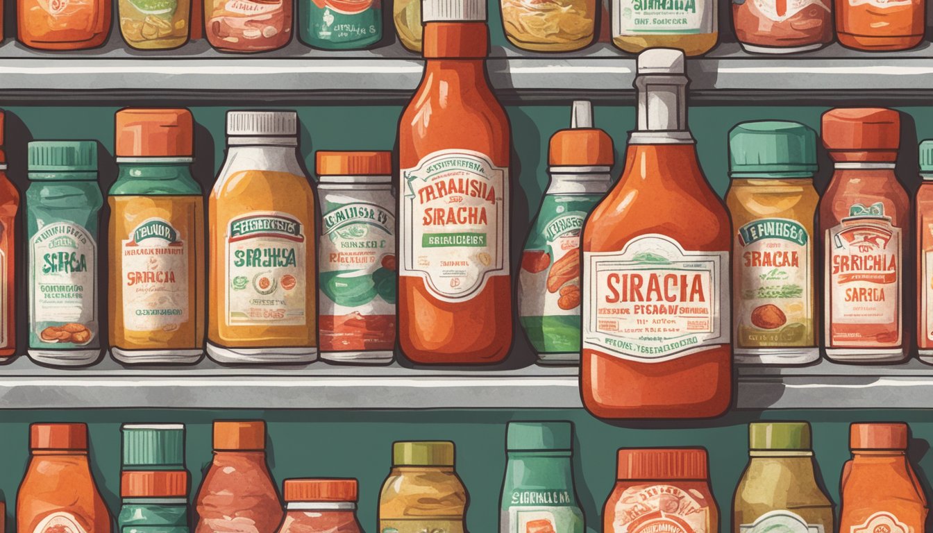 A bottle of expired Sriracha sits on a cluttered kitchen shelf, surrounded by other condiments. The label is faded, and the contents appear discolored and separated