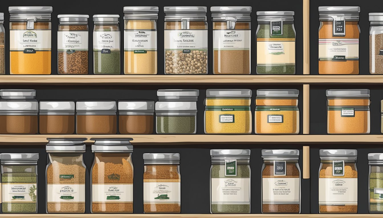 A pantry shelf with various spice jars, including a container of jerk seasoning. Labels indicate expiration dates and storage tips