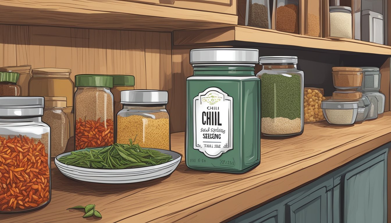 A jar of chili seasoning sits on a kitchen shelf, surrounded by spices and herbs. The label shows the expiration date, and the jar is tightly sealed