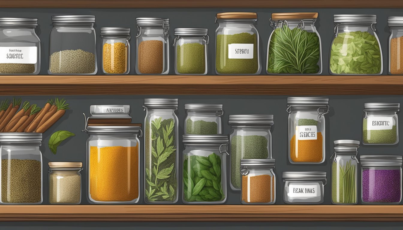 A vibrant array of fresh herbs and spices neatly organized on a shelf, with labeled jars of jerk seasoning and a sign with key storage tips