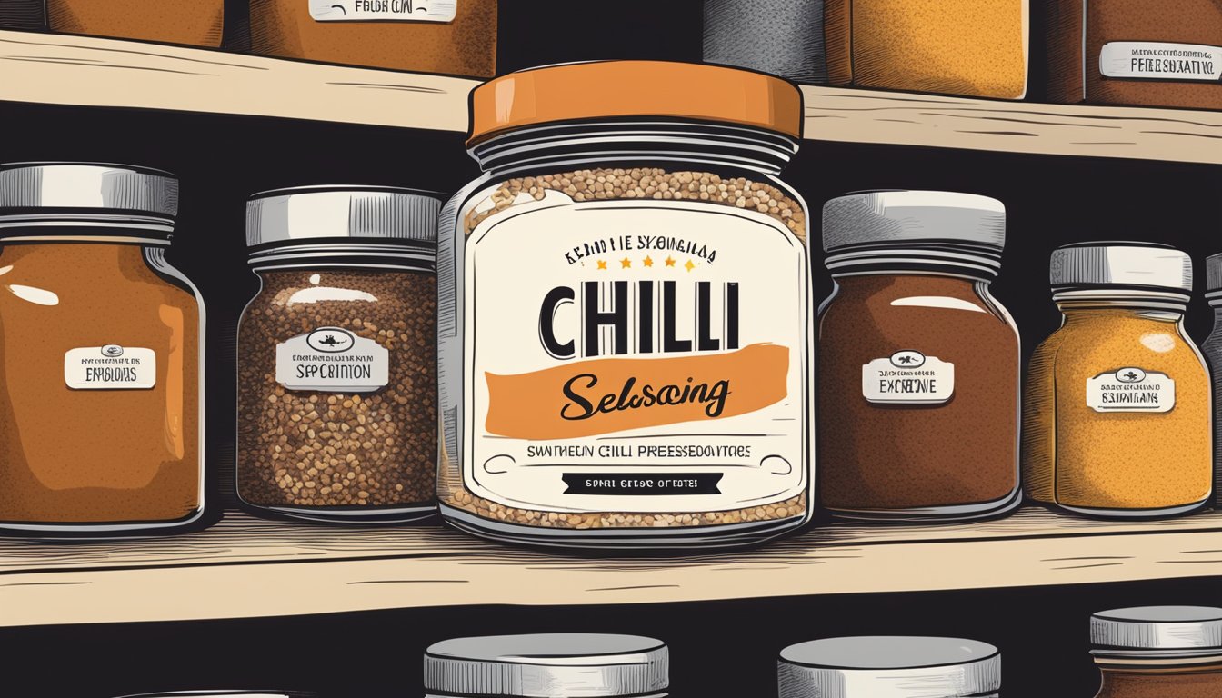 A jar of chili seasoning sits on a shelf, surrounded by other spices. The label indicates the expiration date, while the jar is sealed tightly to preserve its freshness