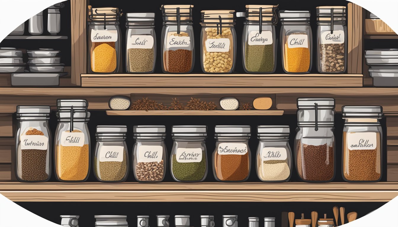 A well-stocked pantry with neatly organized jars of chili seasoning, labeled with expiration dates, next to a variety of dried herbs and spices