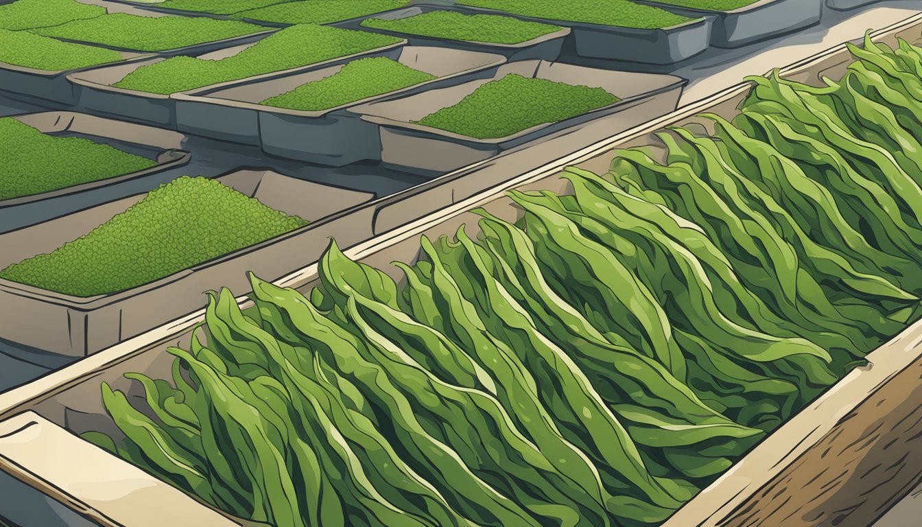 A vibrant illustration of fresh hijiki seaweed being carefully stored in a cool, dry place to maintain its nutritional benefits