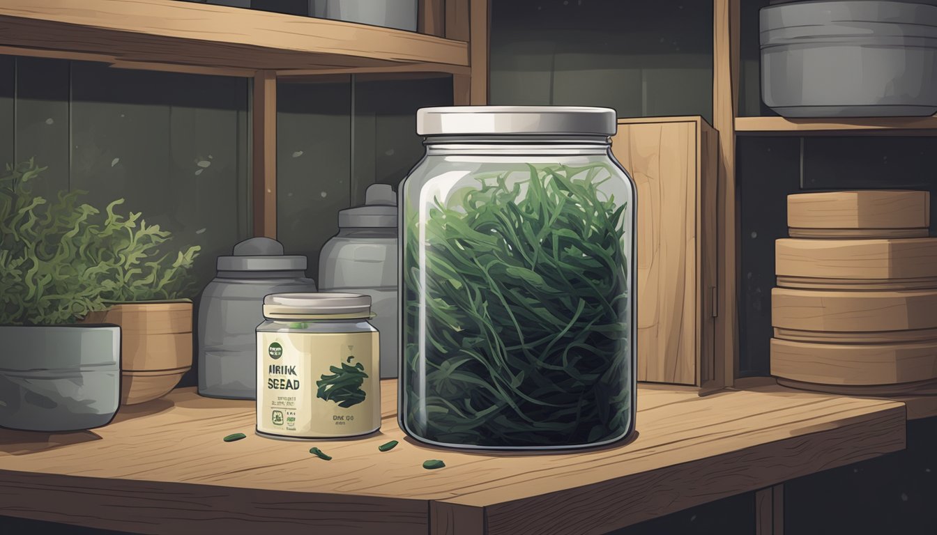 A jar of dried hijiki seaweed with a visible expiration date, stored in a cool, dark pantry