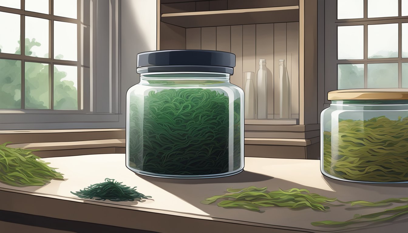 A glass jar filled with dried hijiki seaweed, sealed tightly, stored in a cool, dark pantry