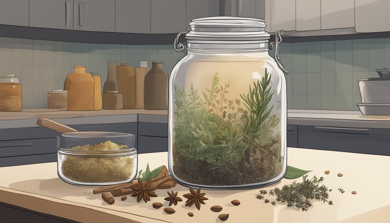 A clear glass jar of hijiki sits on a kitchen counter, surrounded by various dried herbs and spices. The hijiki appears wilted and discolored, indicating spoilage