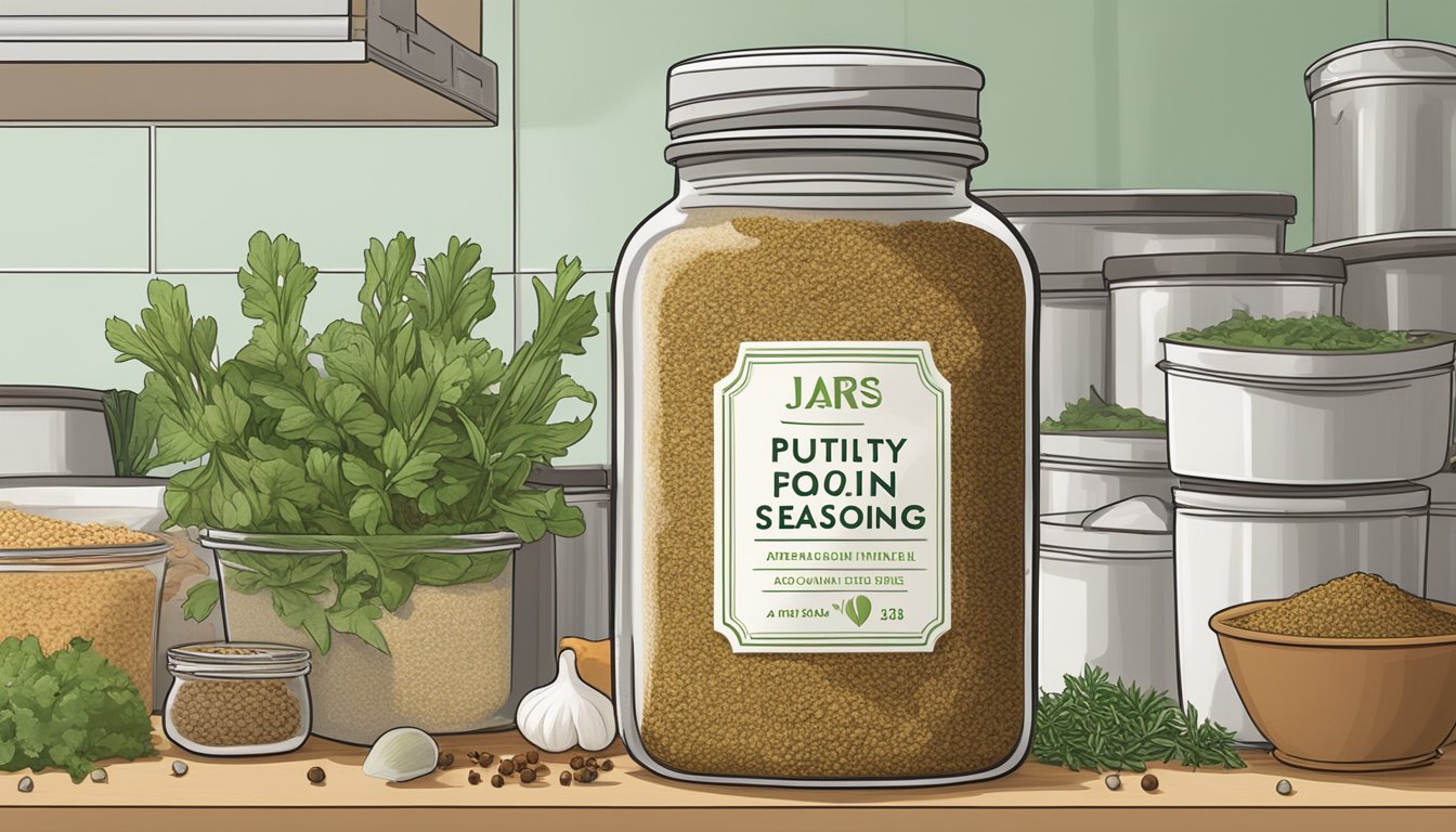 A jar of poultry seasoning sits on a kitchen shelf, surrounded by fresh herbs and spices. The label shows the expiration date, while the aroma fills the air