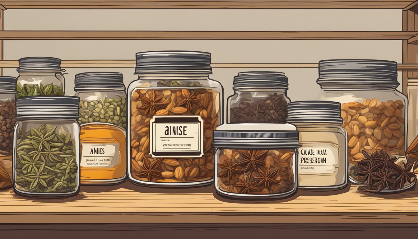 A jar of star anise sits on a shelf, surrounded by other spices. The label indicates the expiration date, while the jar is sealed tightly to preserve its freshness