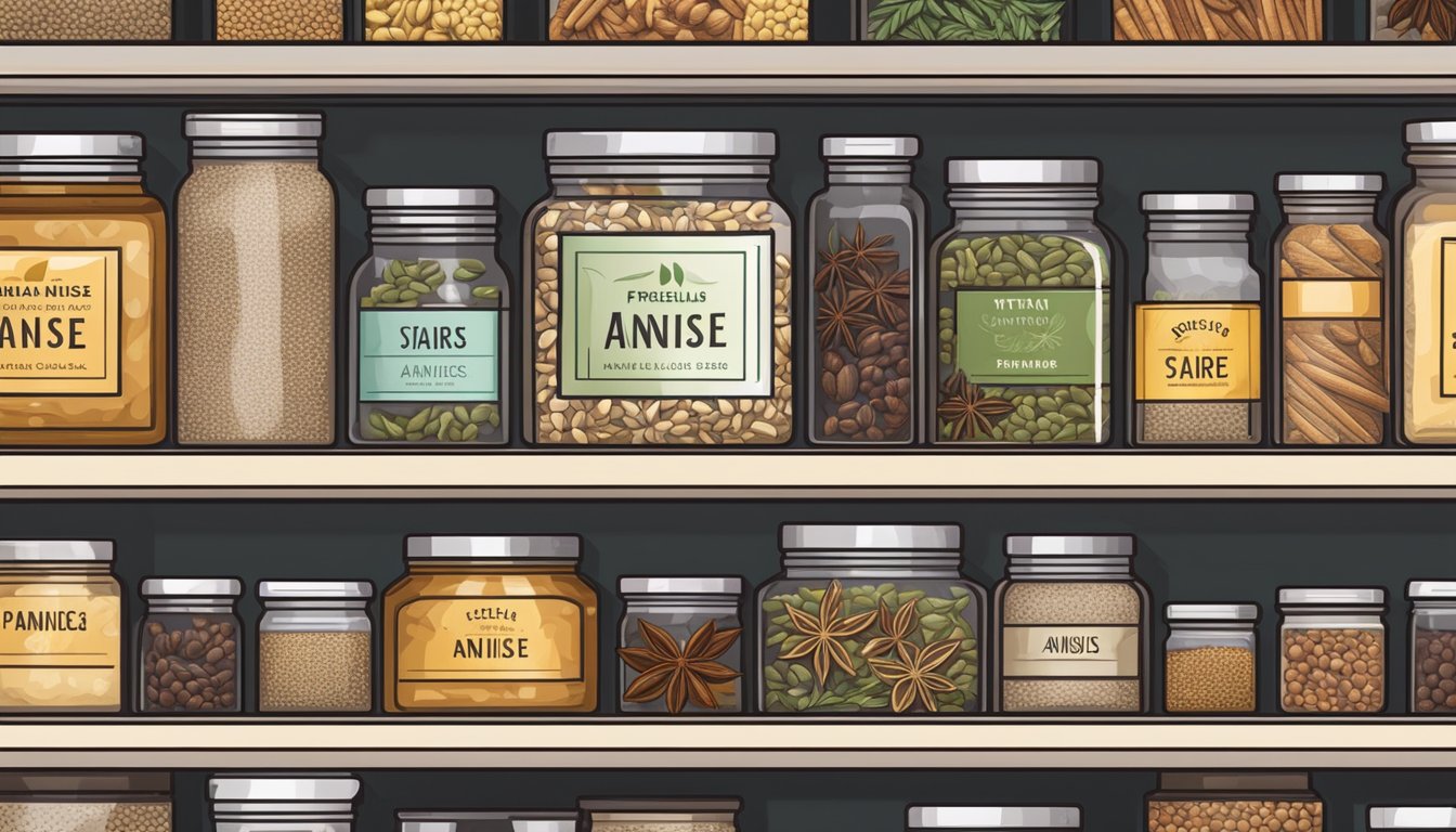 A jar of star anise sits on a clean, organized pantry shelf, surrounded by other spices. The label is clear and the lid is tightly sealed, indicating freshness