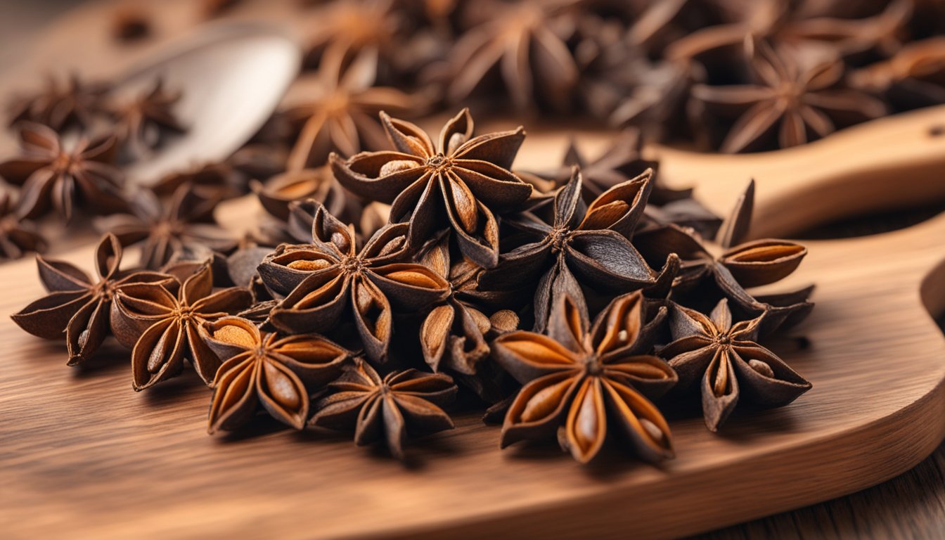 A pile of dried star anise sits on a wooden cutting board, with a few pieces showing signs of mold and discoloration