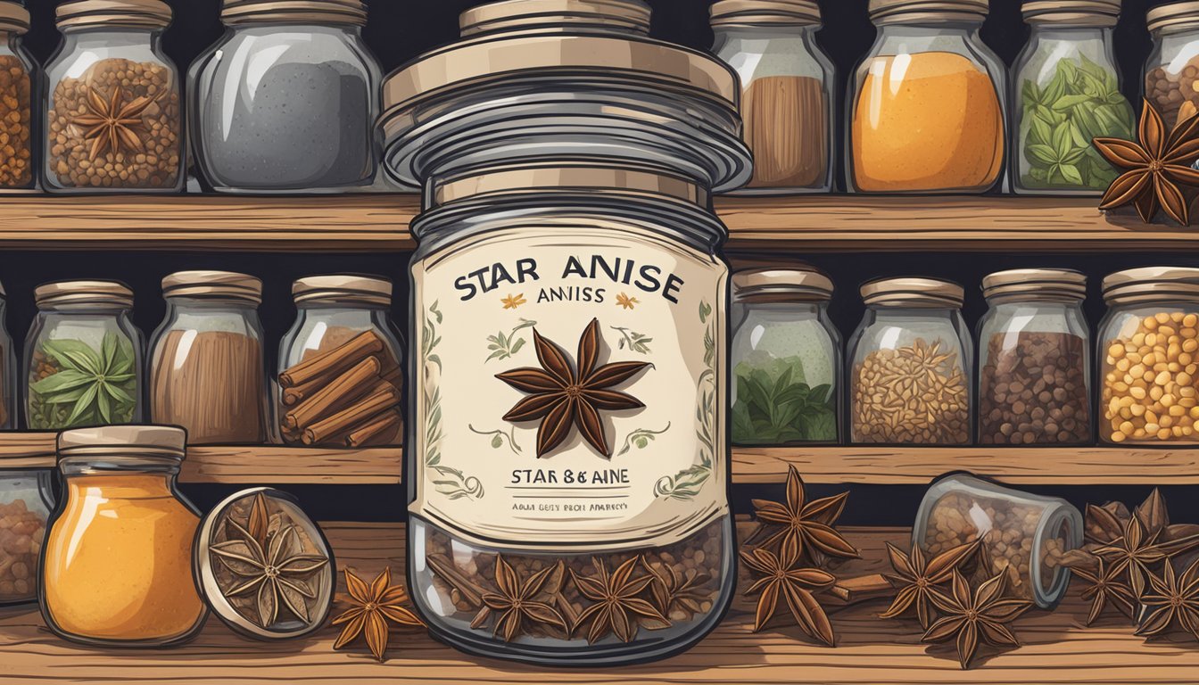 A jar of star anise sits on a pantry shelf, surrounded by other spices. The label on the jar is faded, indicating its long shelf life