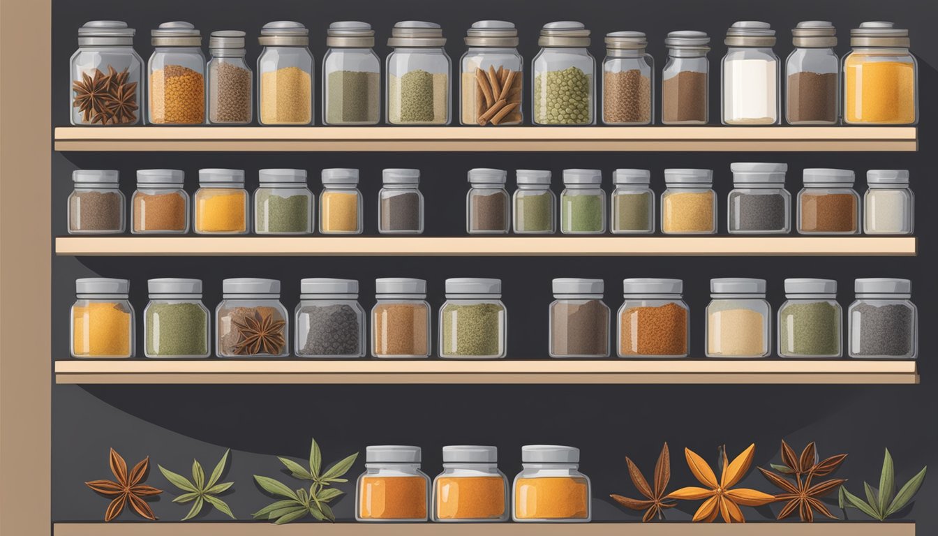 A spice rack with neatly arranged jars, one containing star anise. The label is faded, suggesting it has been there for some time