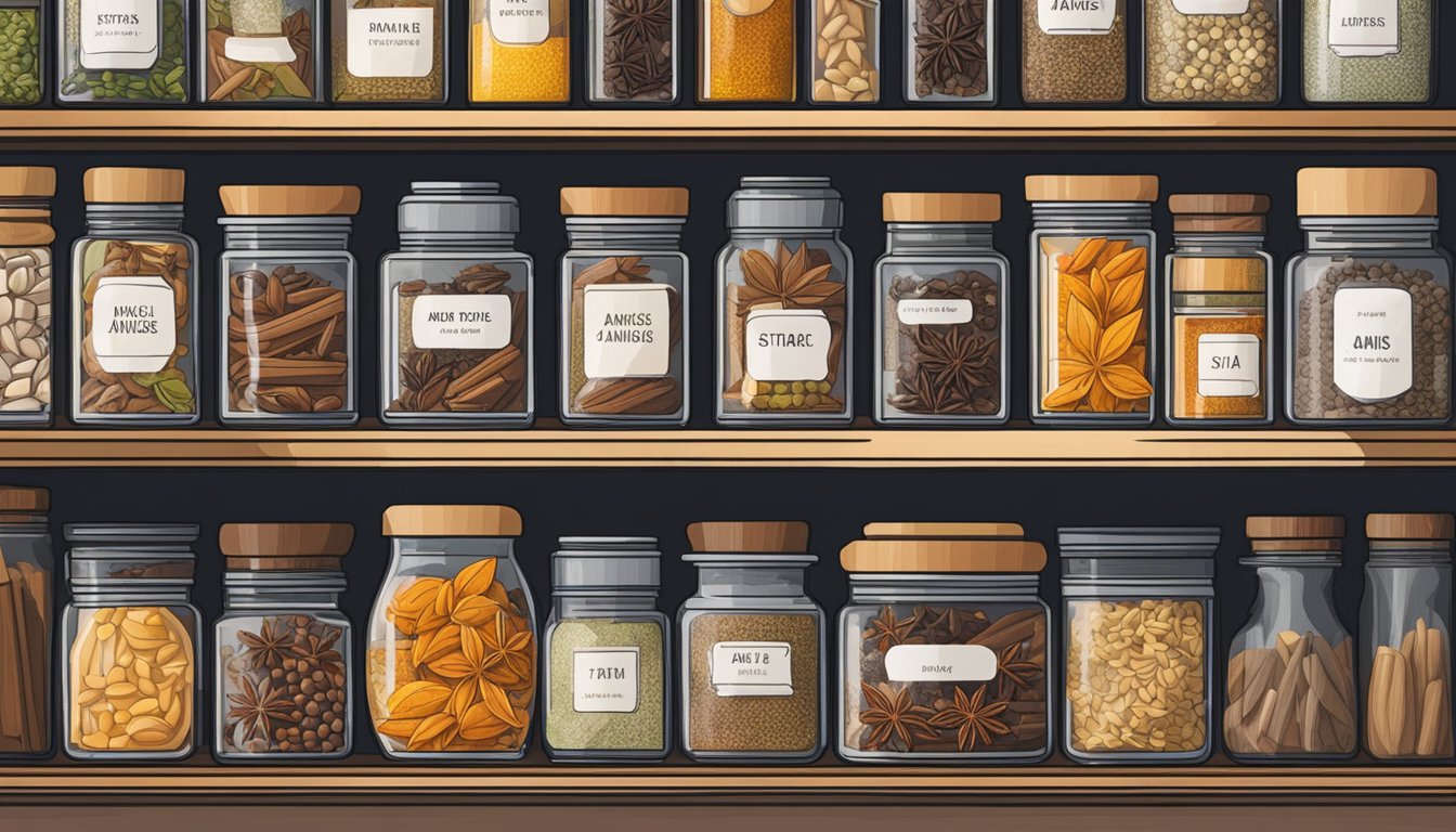 A jar of star anise sits on a shelf next to other spices, with a label indicating storage tips