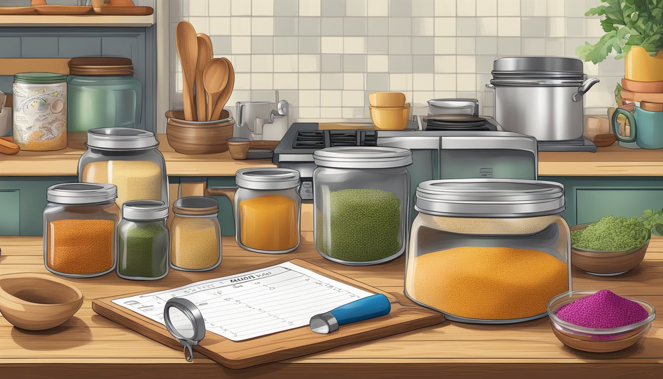 A vibrant kitchen scene with open spice jars, a calendar, and a magnifying glass examining sazon seasoning