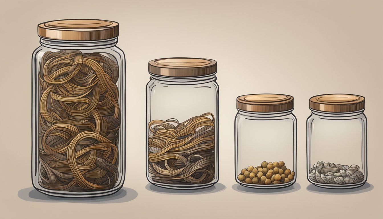 Arame strands in a glass jar, some turning brown and slimy. Proper storage tips shown nearby