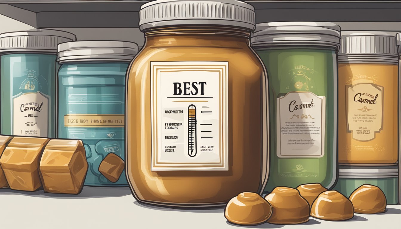 A sealed jar of caramel sits on a shelf, surrounded by airtight containers and labeled with a "best by" date. A thermometer hangs nearby to monitor the temperature