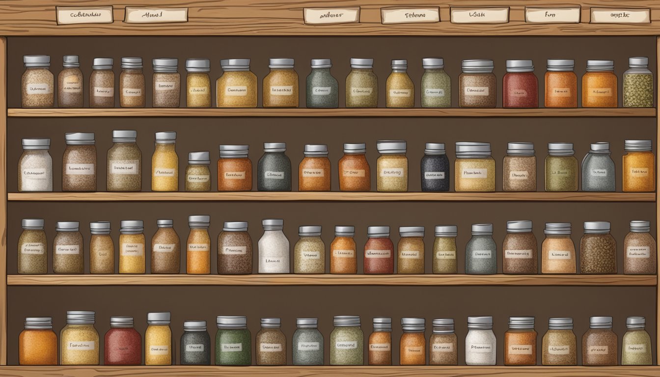 A variety of spices arranged on a wooden shelf, with labels indicating their names and expiration dates