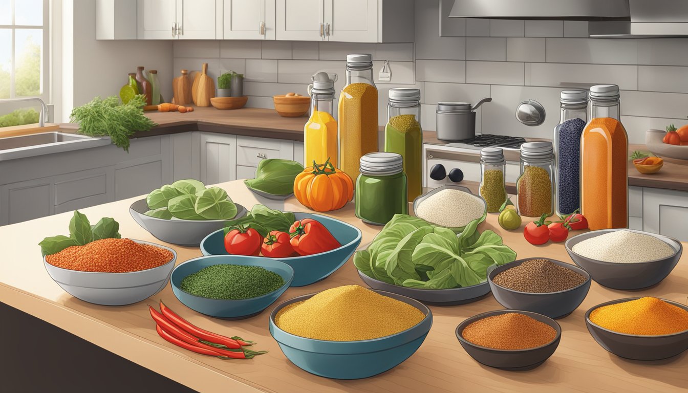 A colorful array of fresh ingredients and spices, including a vibrant bottle of Sazon seasoning, arranged on a clean, well-lit kitchen counter