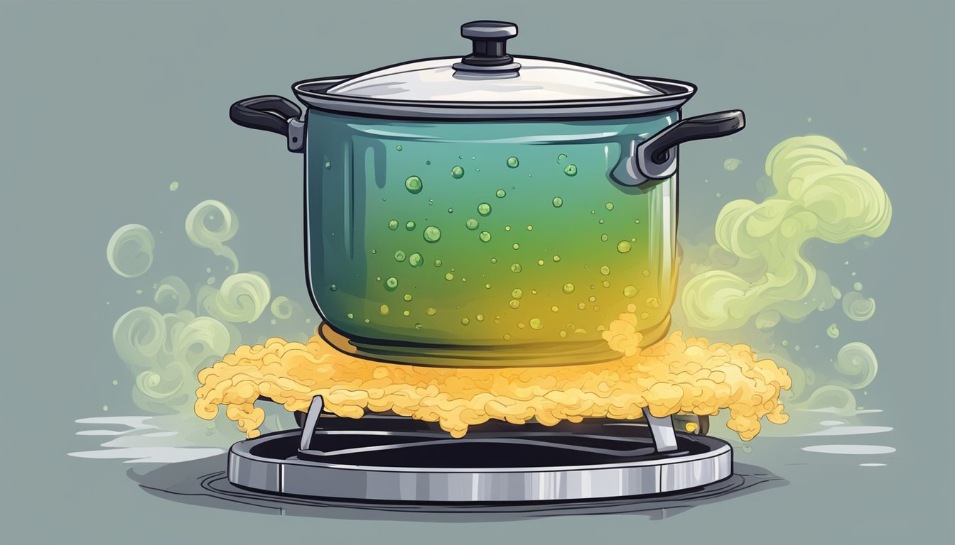 A pot of vegetable stock sits on a stove, emitting a foul odor with mold floating on the surface