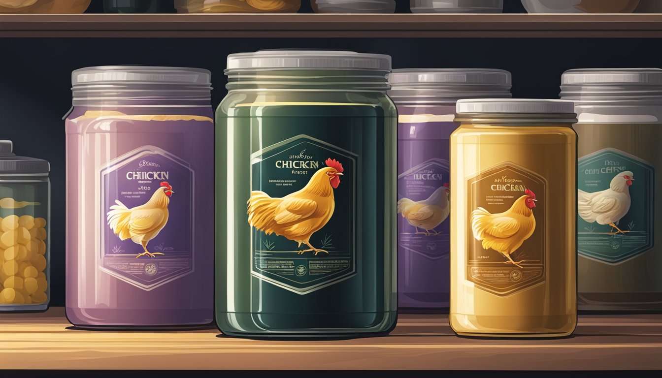 A sealed container of chicken stock sits on a shelf in a cool, dark pantry, away from direct sunlight and heat sources