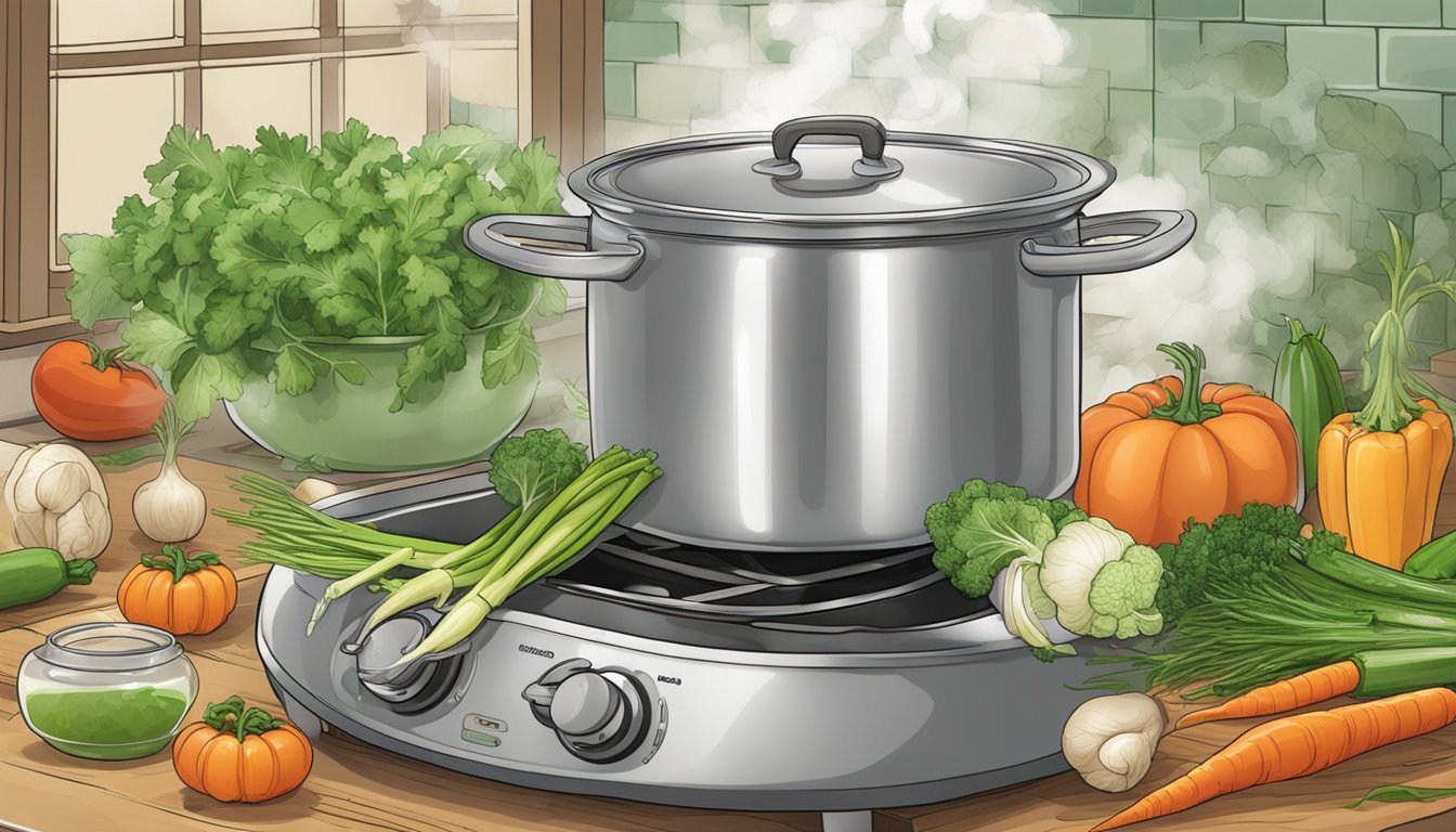 A pot of vegetable stock sits on a stove, steam rising. Various vegetables and herbs surround the pot, ready to be added