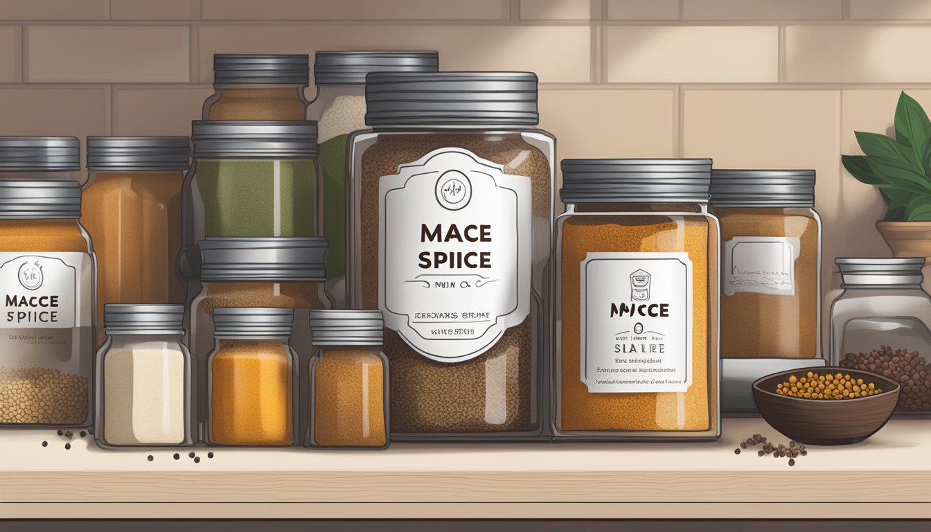 A jar of mace spice sits on a kitchen shelf, next to other spices. The label is clean and intact, and the jar is tightly sealed