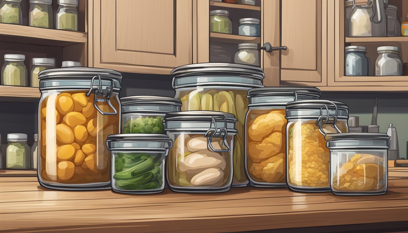 A pot of chicken stock sits on a kitchen counter next to a tightly sealed container. The pantry shelves are stocked with neatly organized jars and cans