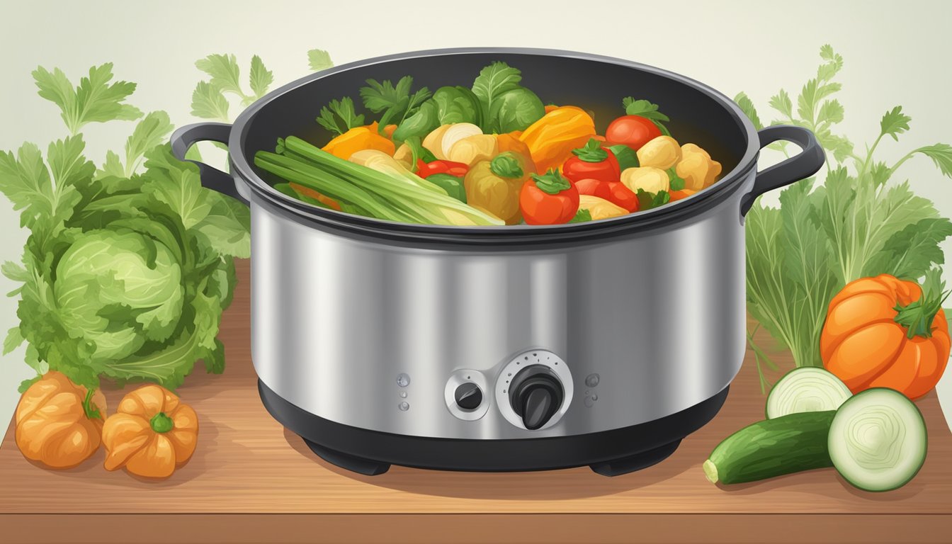 A pot of vegetable stock simmering on a stovetop, surrounded by fresh vegetables and herbs