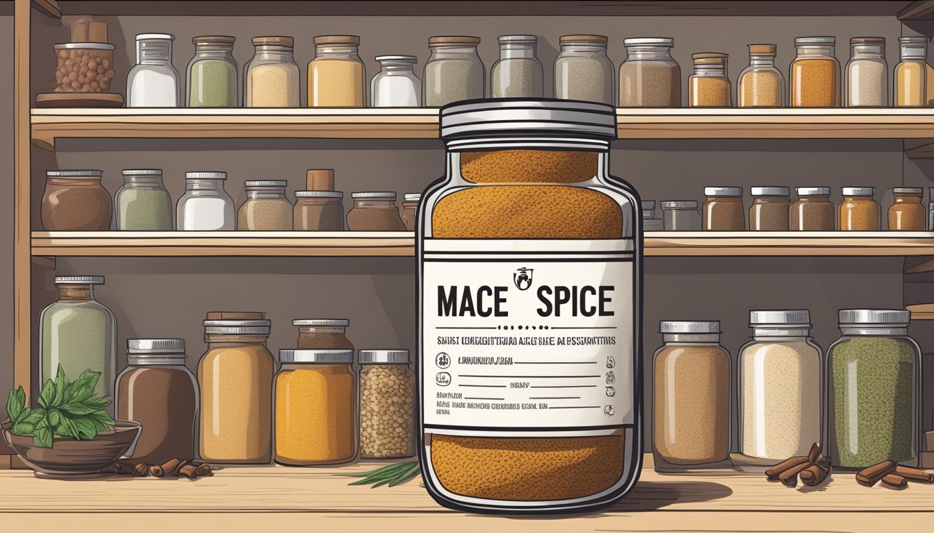 A jar of mace spice sits on a kitchen shelf, surrounded by other spices. The label indicates the chemical composition and shelf life