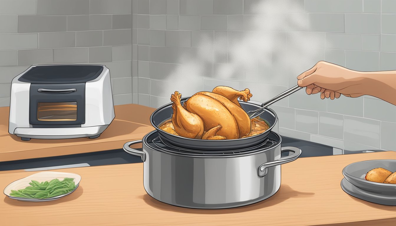 A pot of frozen chicken stock being placed on a stovetop, melting and simmering until fully thawed and reheated