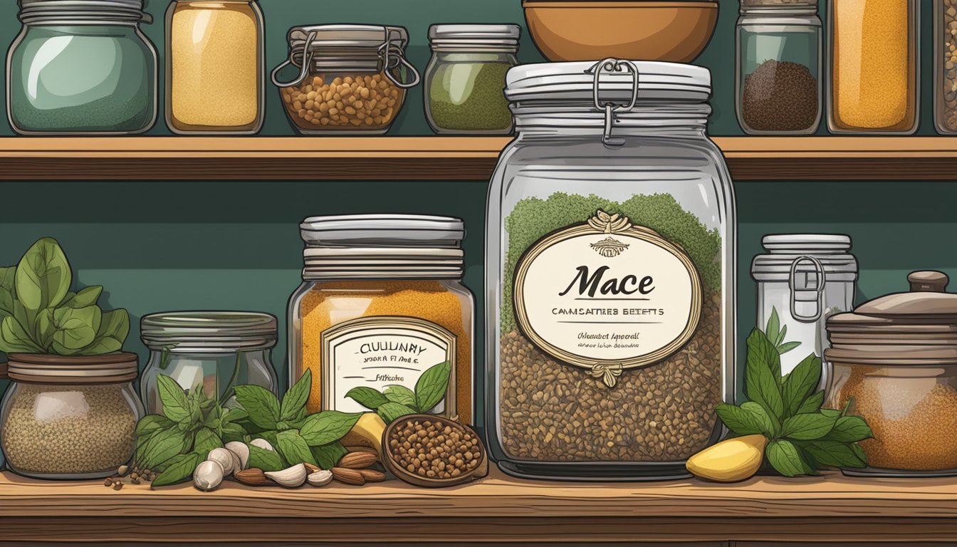 A jar of mace sits on a kitchen shelf, surrounded by various spices and herbs. The label indicates its culinary uses and benefits, while a small note provides tips for understanding its shelf life and proper storage