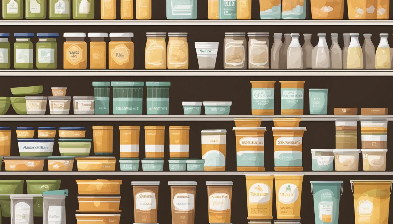 A pantry shelf with various chicken stock containers, some labeled with expiration dates, others with storage tips