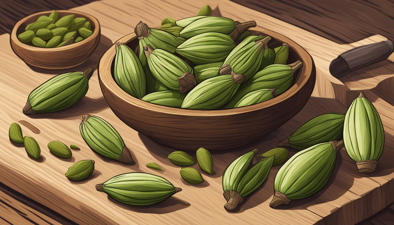 A pile of cardamom pods, some open, some closed, on a wooden cutting board with a mortar and pestle nearby