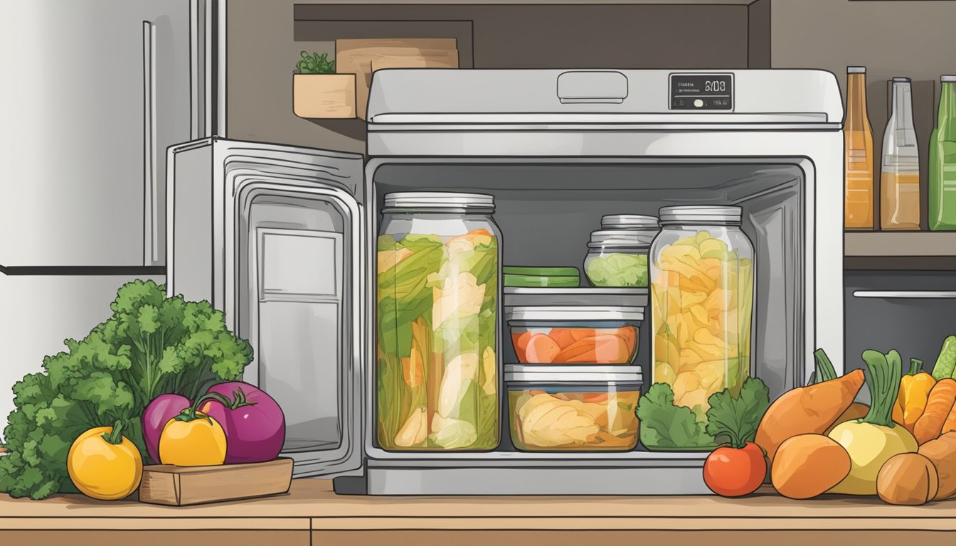 A sealed container of chicken stock sits in a refrigerator, surrounded by fresh vegetables and labeled with a "use by" date