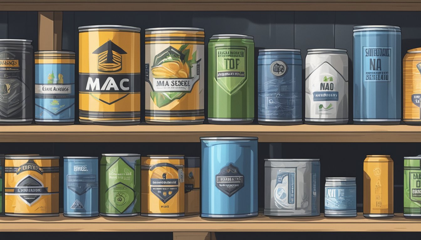 A can of mace sits on a shelf in a well-lit, organized storage area, surrounded by other self-defense items