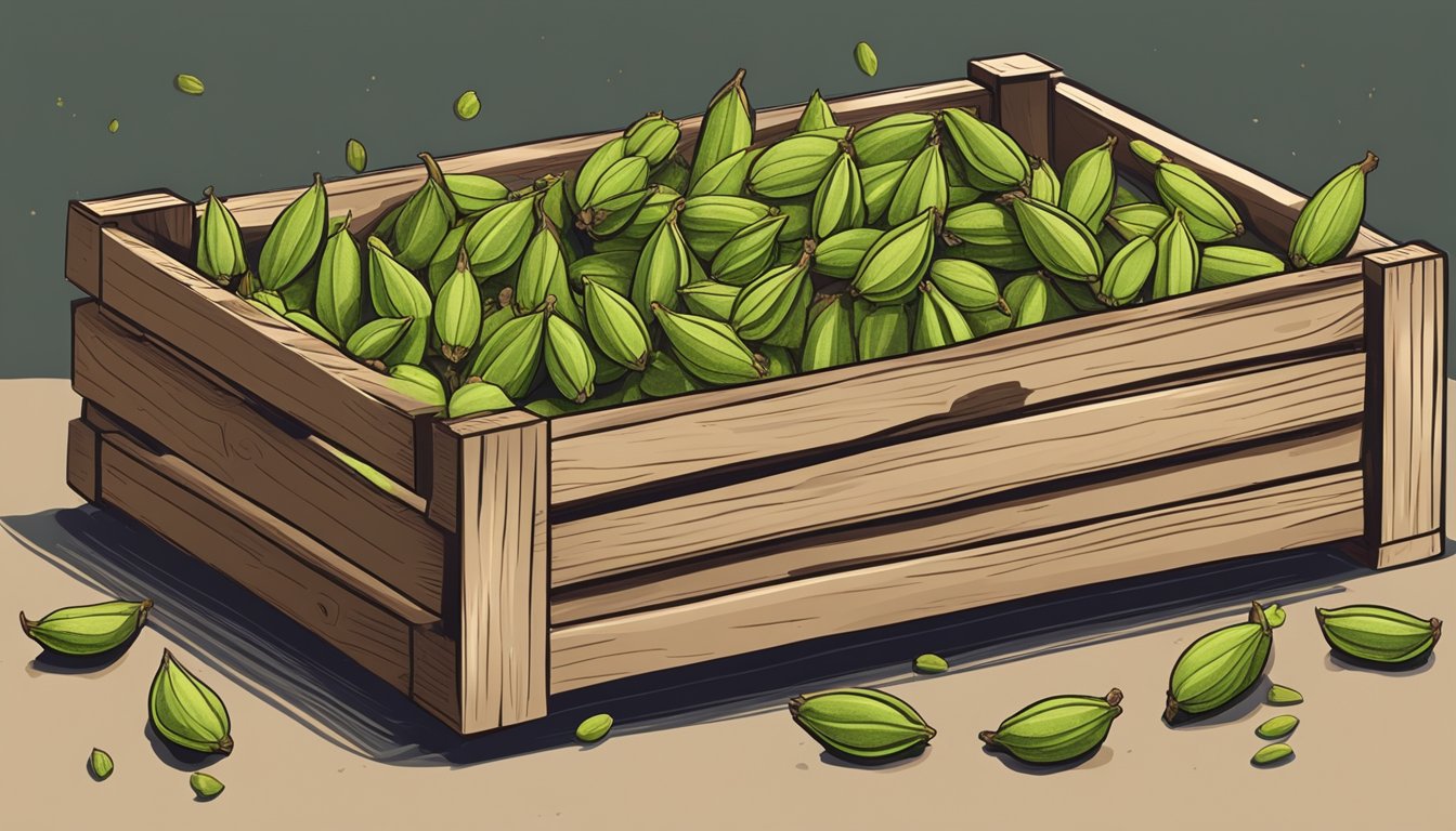 Fresh green cardamom pods in a wooden crate, some open to reveal the dark seeds inside. A few pods are starting to dry out and lose their vibrant color