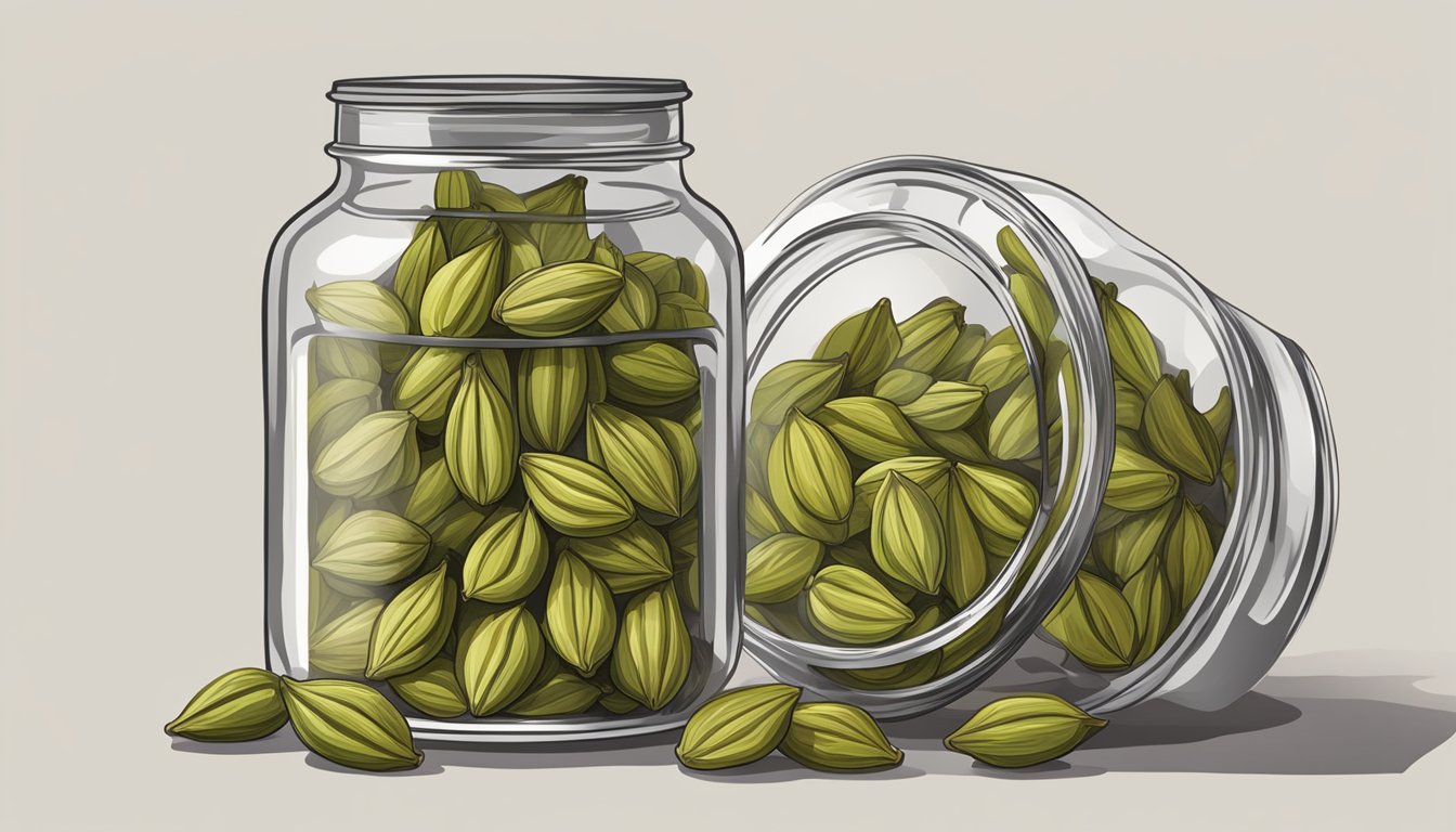 A glass jar filled with cardamom pods on a shelf