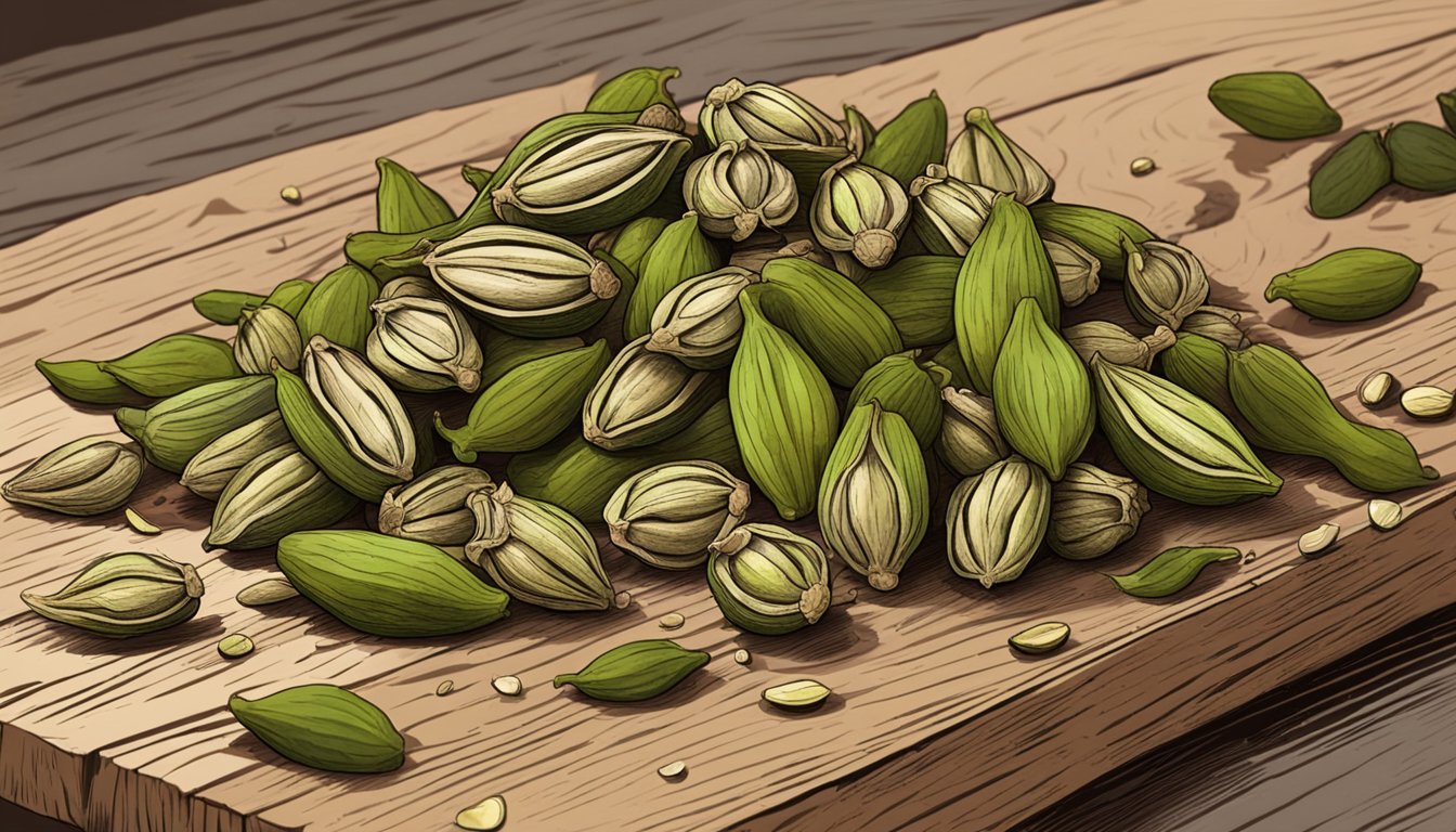 A pile of cardamom pods sits on a wooden surface, some with moldy spots and others still fresh, illustrating the process of spoilage