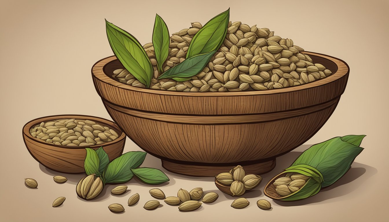 A variety of cardamom forms, including whole pods, ground powder, and seeds, arranged in a rustic wooden bowl on a kitchen counter