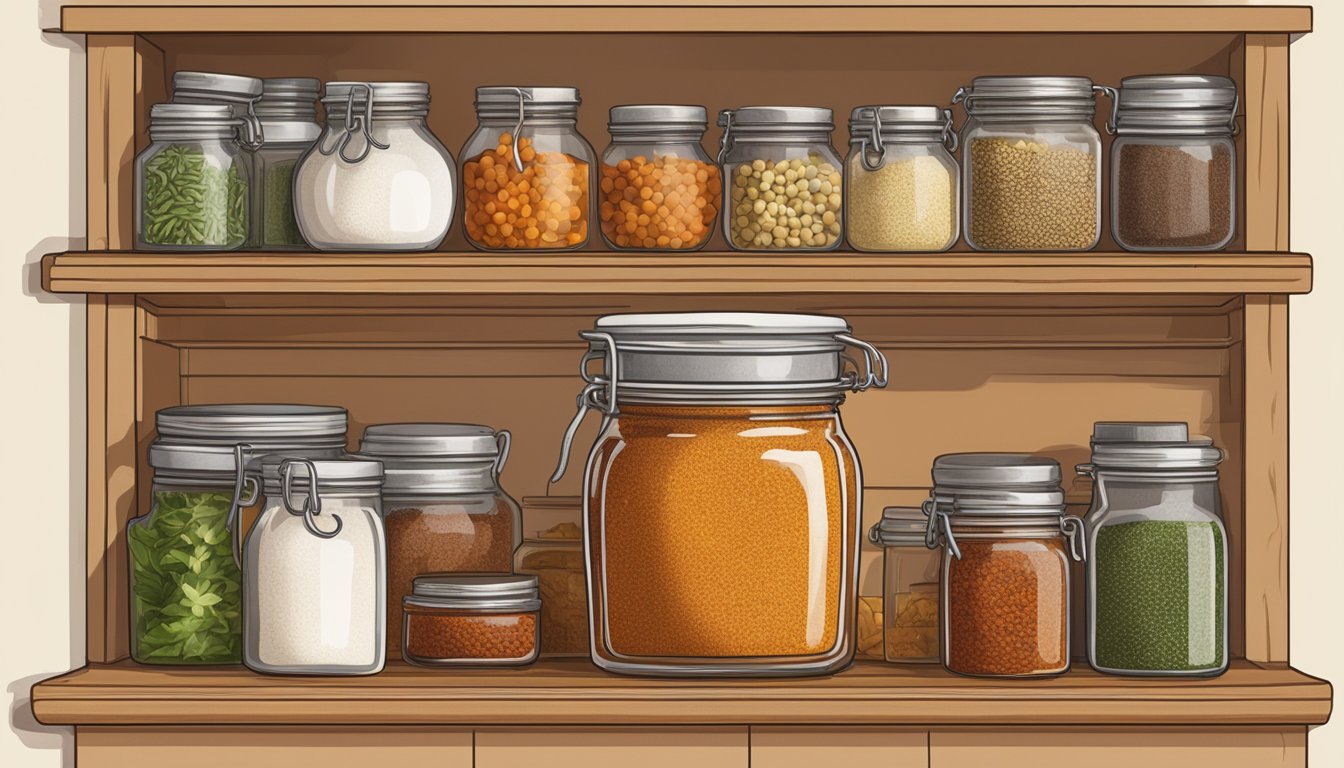 A jar of harissa sits on a kitchen shelf, surrounded by various spices and condiments. The label indicates the storage and shelf life information