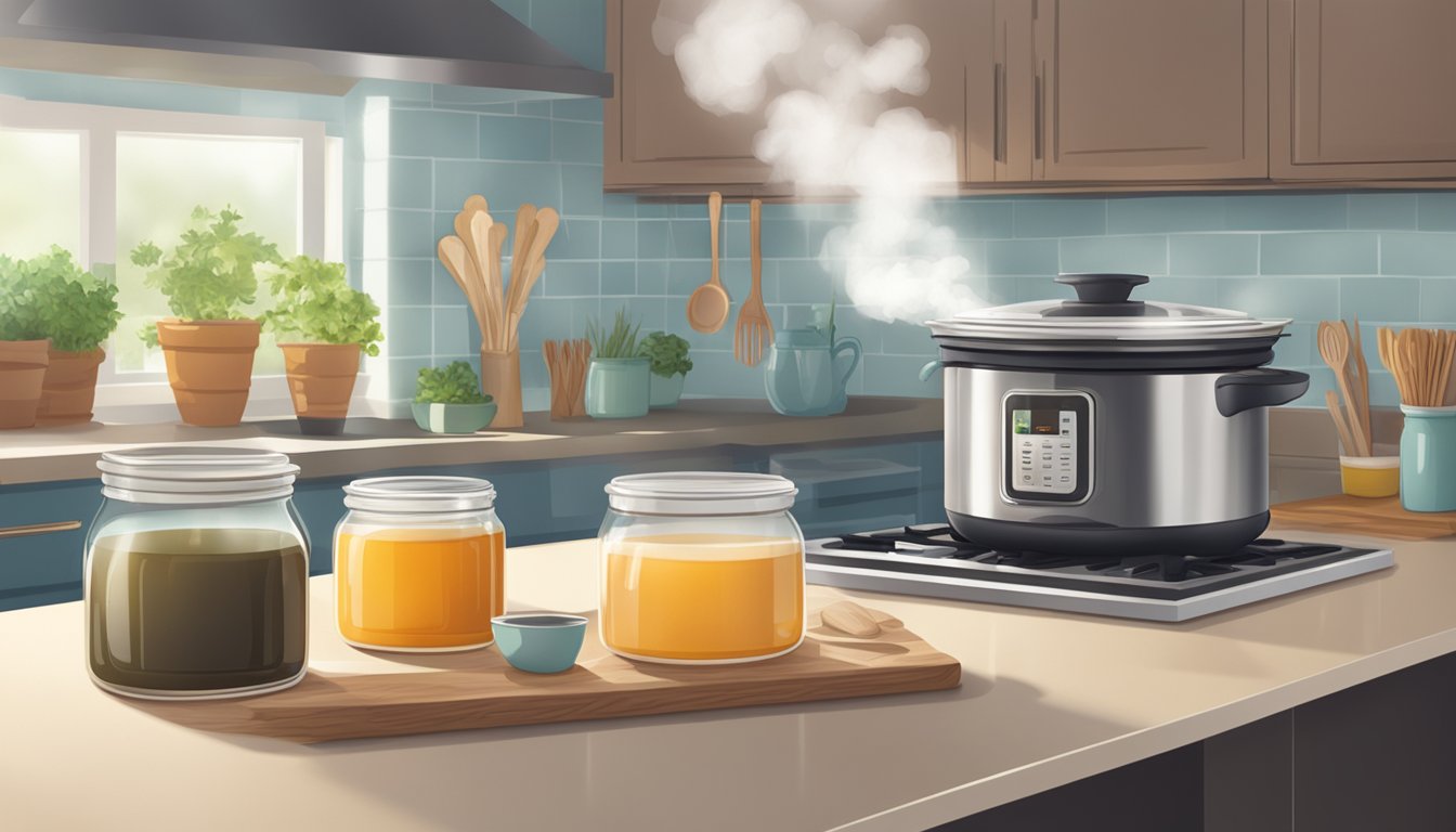 A pot of bone broth sits on a kitchen counter, steam rising from the surface. A shelf with jars of broth in the background