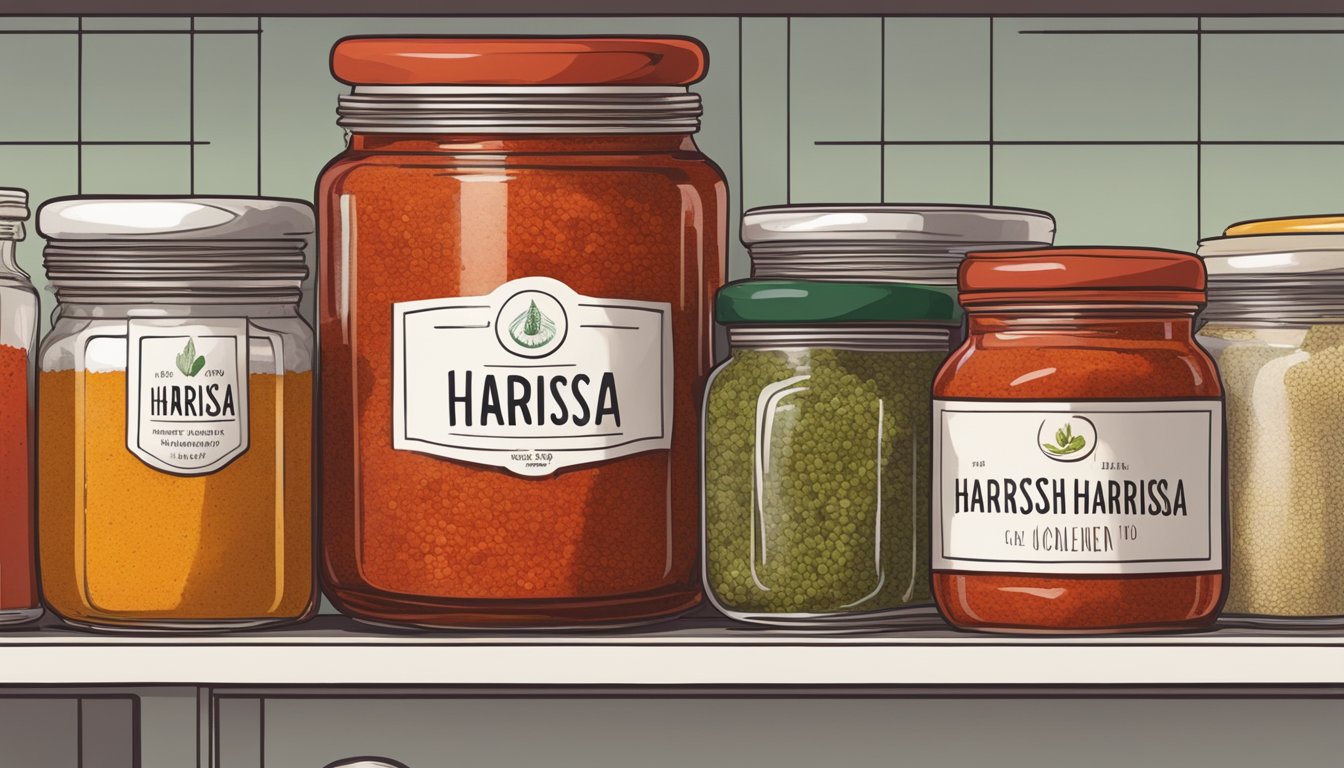 A jar of harissa sits on a kitchen shelf, surrounded by various spices and condiments. One jar is fresh with vibrant red color and a tightly sealed lid, while another jar is spoiled with mold and a pungent odor