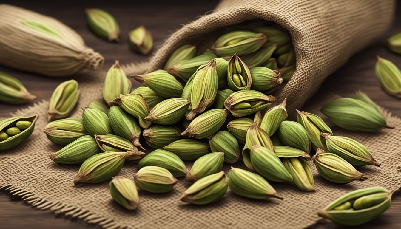 A pile of fresh cardamom pods spilling out of a torn burlap sack, with a few pods starting to show signs of mold and decay