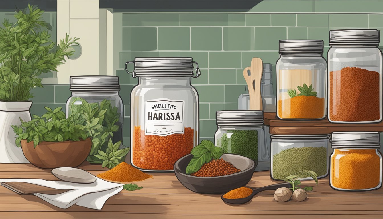 A jar of harissa sits on a kitchen shelf, surrounded by spices and herbs. The label indicates storage tips and shelf life