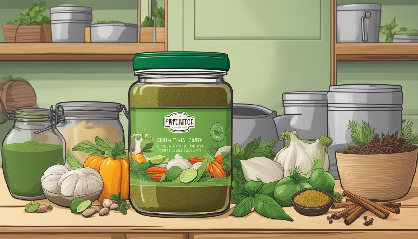 A jar of green Thai curry paste sits on a kitchen shelf, surrounded by various spices and ingredients. The label shows the expiration date, indicating its shelf life