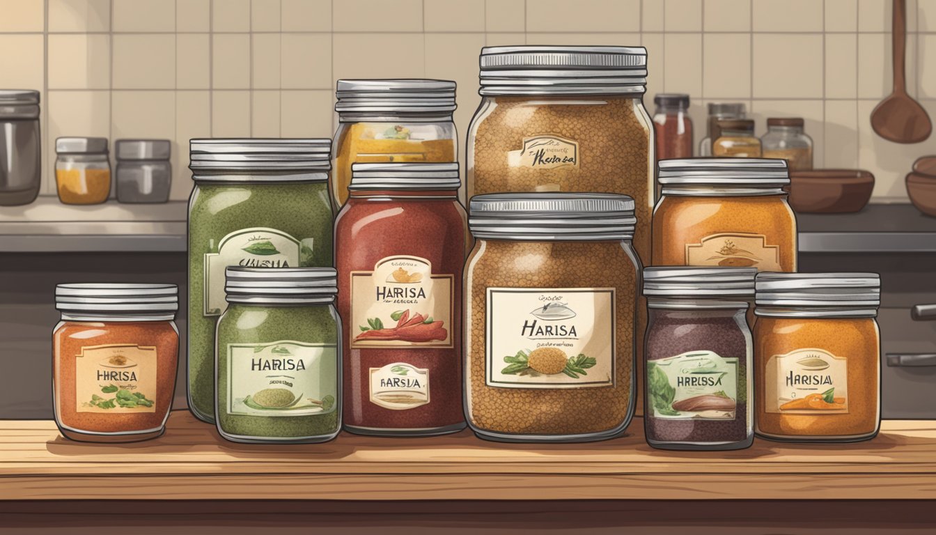 A jar of harissa sits on a kitchen shelf next to other spices and condiments. The label is faded, indicating it has been stored for a while