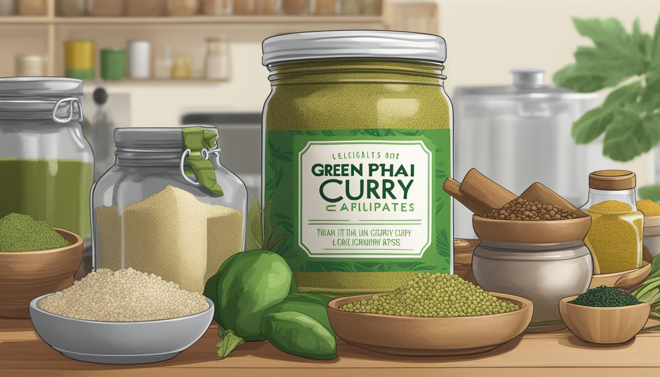 A jar of green Thai curry paste sits on a kitchen shelf, surrounded by various spices and ingredients. The expiration date is clearly visible on the label, indicating its shelf life